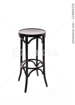 Old brown stool. High round wooden chair on white background 114669156
