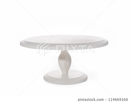 white wood stand with a leg, for desserts and cakes. Isolated stand on white background 114669168