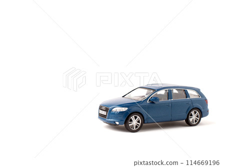 Blue iron toy car Audi q7 on a white background. SUV. copy space. sport utility vehicle 114669196