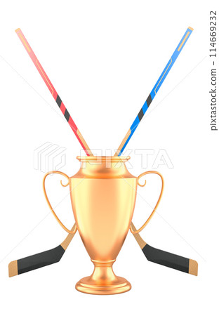 Gold trophy cup award with ice hockey sticks. 3D rendering 114669232