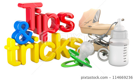 Newborn Care Tips and Tricks, parenting tips. Inscription with baby bottle, pacifier and carriage. 3D rendering 114669236