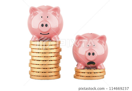 Piggy banks on different stacks of coins. Concept of social inequality, 3D rendering Piggy banks on different stacks of coins. Concept of social inequality, 3D rendering 114669237