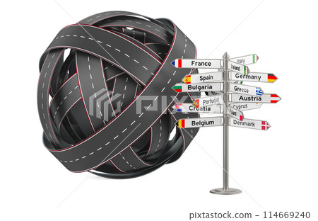 Signpost with names of countries and roads knot, 3D rendering Signpost with names of countries and roads knot, 3D rendering 114669240