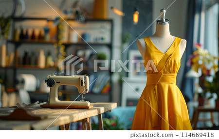 Mannequin with a yellow dress in the foreground 114669418
