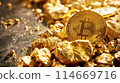 Bitcoin and gold nuggets. Modern way of exchange. Global economy market. Digital currency Bitcoin. Modern virtual currency.  Generative AI 114669716
