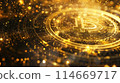 Digital currency Bitcoin on golden background. Modern virtual currency. Revolutionary digital crypto coins. Future money. Generative AI 114669717