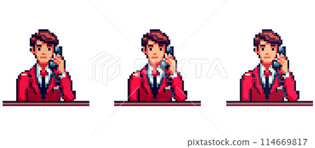 Pixel Art Character Holding Phone Wearing Red Suit with Tie, Office Worker 114669817