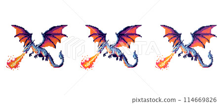 Pixel dragon breathing fire with blue body and wings 114669826