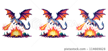 A pixelated dragon breathing fire, with a blue body and wings, destroyed the city 114669828