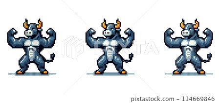 A pixelated bull with strong, inflated arms, symbolizing the strength and growth of the market 114669846