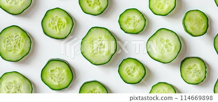 Ahealthy snack option, cucumber slices arranged on a white background, showcasing fresh, green, crunchy textures ideal for salads or garnishes. 114669898