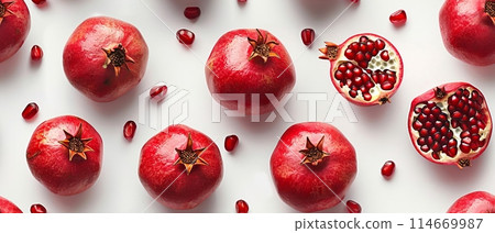 Fresh pomegranates and seeds on white background, showcasing vibrant red color and texture. Perfect for healthy eating and fruit imagery. Fresh pomegranates and seeds on white background, showcasing vibrant red color and texture. Perfect for healthy eating and fruit imagery. 114669987