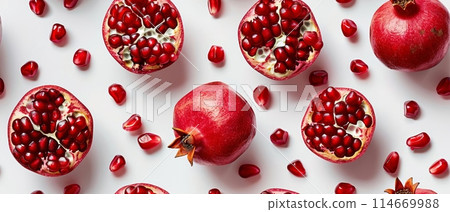 Fresh pomegranates with seeds scattered on a white background. Vibrant red color, showcasing the juicy fruit. Healthy organic food concept. Fresh pomegranates with seeds scattered on a white background. Vibrant red color, showcasing the juicy fruit. Healthy organic food concept. 114669988