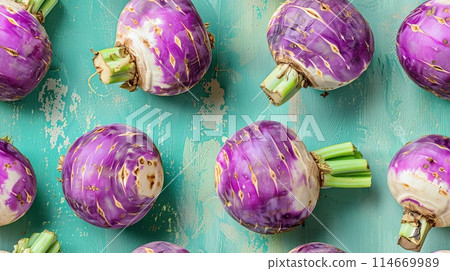 Fresh purple turnips on a turquoise wooden background, showcasing vibrant colors and healthy vegetables in a top view arrangement. Fresh purple turnips on a turquoise wooden background, showcasing vibrant colors and healthy vegetables in a top view arrangement. 114669989