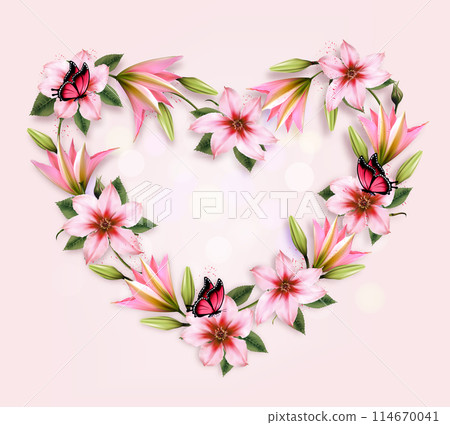 Holiday background with colorful flowers shaped heart and butterflies. Vector. Holiday background with colorful flowers shaped heart and butterflies. Vector. 114670041