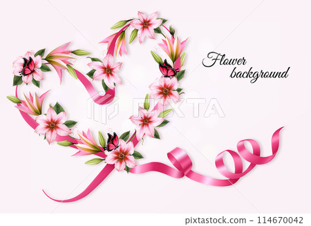 Flower holiday background with colorful flowers shaped heart and butterflies. Vector. Flower holiday background with colorful flowers shaped heart and butterflies. Vector. 114670042