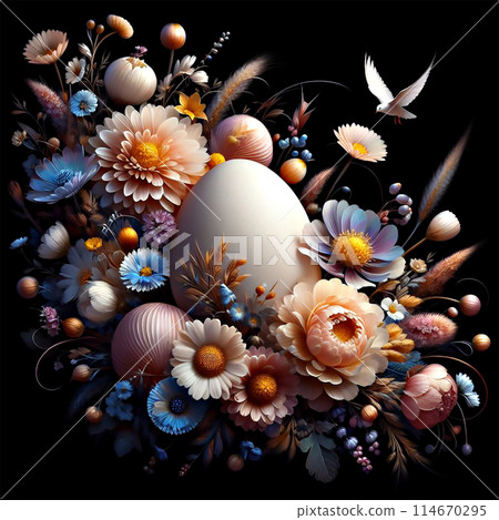 A white Easter egg is creatively placed among blooming flowers against a black background, showcasing a beautiful combination of art, nature and organic organisms 114670295