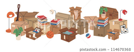 Boxes with moving stuff. Cardboard boxes full of books and clothes, stacked carton boxes flat vector illustration. House moving boxes on white Boxes with moving stuff. Cardboard boxes full of books and clothes, stacked carton boxes flat vector illustration. House moving boxes on white 114670368