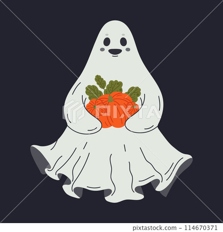 Cute ghost. Halloween ghost with pumpkins, cheerful phantom, spooky night shadow flat vector illustration. Hand drawn Halloween ghost character 114670371