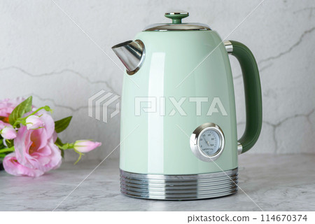 Green stylish electric teapot with roses in background. 114670374