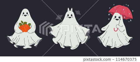 Halloween ghosts. Cute ghosted spooky spirits, cheerful phantoms, spooky night shadows flat vector illustrations set. Cartoon ghosts 114670375