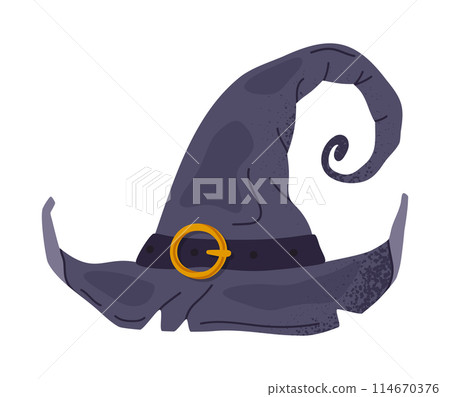 Halloween witch hat. Wizard pointy hat, trick or treat october party magic costume element flat vector illustration. Hand drawn magician hat 114670376