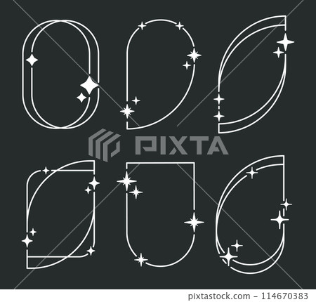 Trendy y2k frames. Modern minimalist abstract shapes with stars and sparkles, y2k aesthetic shapes flat vector illustration set. Outline arch frames Trendy y2k frames. Modern minimalist abstract shapes with stars and sparkles, y2k aesthetic shapes flat vector illustration set. Outline arch frames 114670383