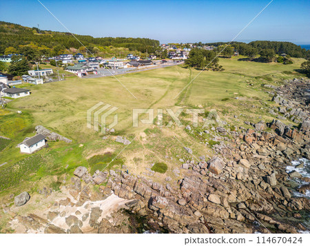 "Aomori Prefecture" Drone shot of Tanesashi Coast from the sea side in spring "Aomori Prefecture" Drone shot of Tanesashi Coast from the sea side in spring 114670424