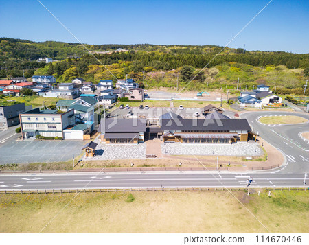 "Aomori Prefecture" Drone shot of Tanesashi Coast from the sea side in spring "Aomori Prefecture" Drone shot of Tanesashi Coast from the sea side in spring 114670446