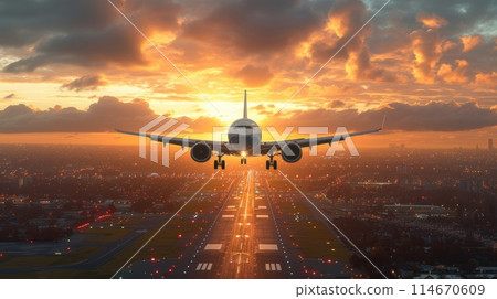 An airplane jet on runway at sunset. Outdoor travel concept. Generative AI 114670609