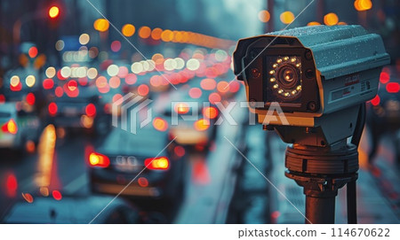Speed camera monitoring busy traffic road. The cameras speed control on the road. Generative AI 114670622