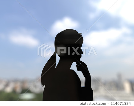 Black silhouette of a woman thinking, worrying, 3D illustration, horizontal 114671524