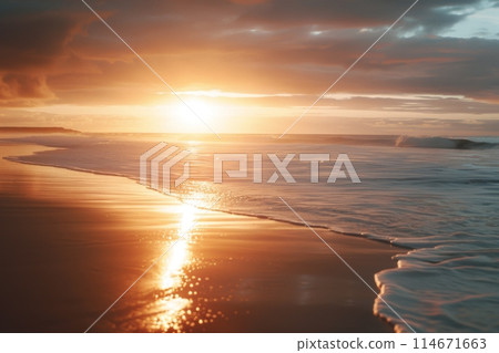 Golden sunset reflecting on tranquil beach waves Golden sunset reflecting on tranquil beach waves 114671663