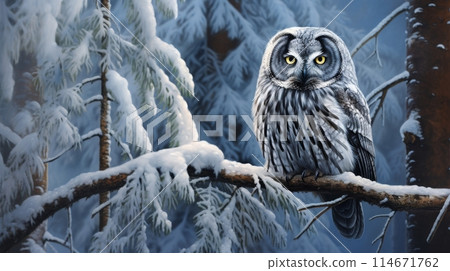 Boreal Owl embraces winter among frosted pines, a serene scene of snowy woodland, Ai Generated. Boreal Owl embraces winter among frosted pines, a serene scene of snowy woodland, Ai Generated. 114671762