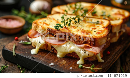 A hot sandwich with gooey melted cheese and savory ham, Ai Generated. 114671919