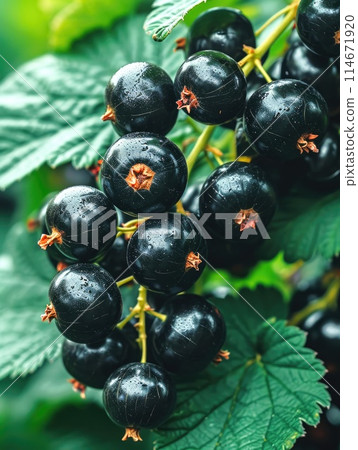 Dark, glossy blackcurrants clustered, bursting with rich hues, a visual symphony, Ai Generated. 114671920