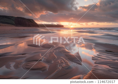 Sunset reflections on sandy beach with tide pools and cliffs Sunset reflections on sandy beach with tide pools and cliffs 114672017