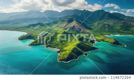 Aerial view captures a stunning island with lush green mountains and azure waters, Ai Generated 114672164