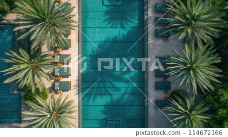 Aerial view showcases a pool oasis surrounded by lush palm trees, a tropical paradise, Ai Generated 114672166