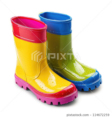 Colorful children's rain boots, playful puddle companions. Splash-ready style, Ai Generated. Colorful children's rain boots, playful puddle companions. Splash-ready style, Ai Generated. 114672259