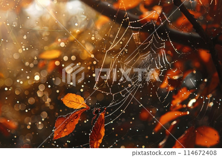 Sparkling Dew on Spider Web in Autumn Light Sparkling Dew on Spider Web in Autumn Light 114672408