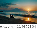 Couple watching sunset on beach shore 114672504