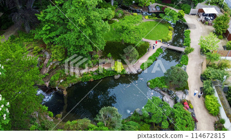 Awe drone view on Kaiserslauetrn Japanese garden Awe drone view on Kaiserslauetrn Japanese garden 114672815