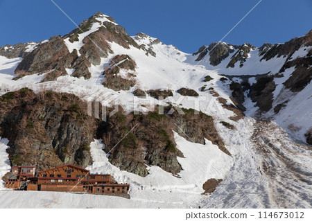 [長野縣松本市，5月] 從唐澤小屋的帳篷營地看到的雪崩軌跡是向北穗高山方向移動的（比平時更寬廣的範圍） 114673012