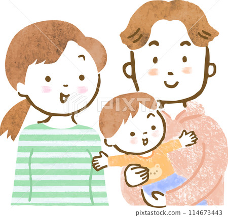 Upper body hand-drawn illustration of a family of three with one child (boy) 114673443