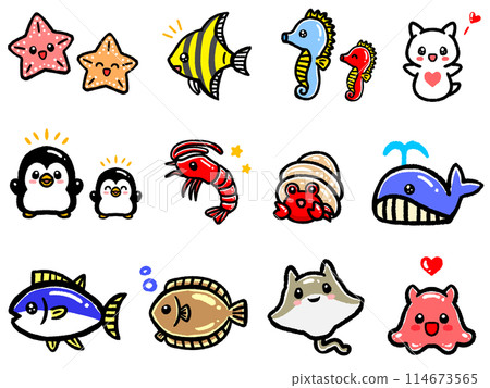 水族箱裡可愛生物的圖標插圖集 114673565