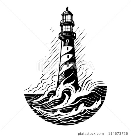 Lighthouse in the middle of the sea illustration draw  114673726