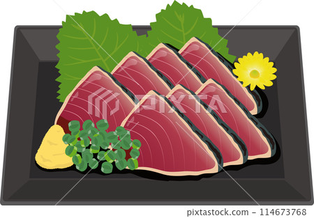 Seared bonito on a square plate 114673768
