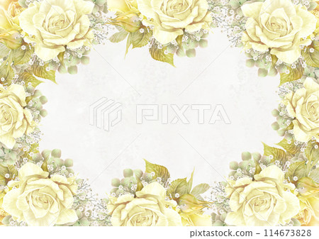 Yellow and white rose flower frame with hydrangea and baby's breath Yellow and white rose flower frame with hydrangea and baby's breath 114673828