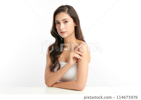 Beautiful young asian woman with clean fresh skin on white background, Face care, Facial treatment, Cosmetology, beauty and spa, Asian women portrait. Beautiful young asian woman with clean fresh skin on white background, Face care, Facial treatment, Cosmetology, beauty and spa, Asian women portrait. 114673976